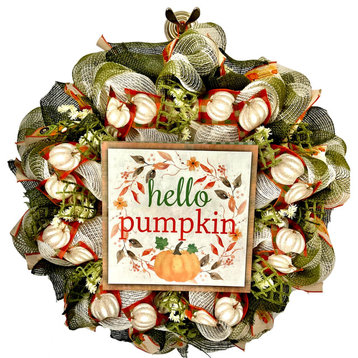 Hello Pumpkin Handmade Deco Mesh Harvest Wreath