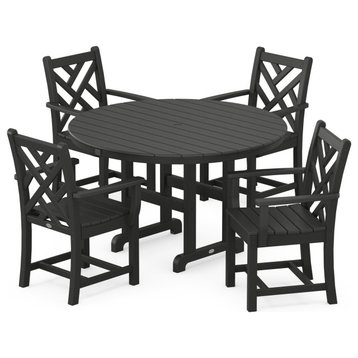 Polywood Chippendale 5-Piece Round Farmhouse Arm Chair Dining Set, Black