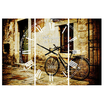 Bicycle With Shopping Bag French Country 3 Panels Metal Clock