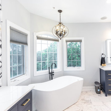 Master bathroom remodeling in Chesapeake with standing shower + corner bathtub