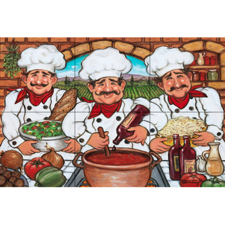 Tile Mural Kitchen Backsplash Three Happy Chefs -JK by Janet Kruskamp