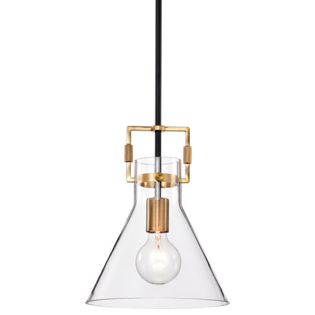 1-Light 10" Cone Glass Pendant, Black/Antique Gold
