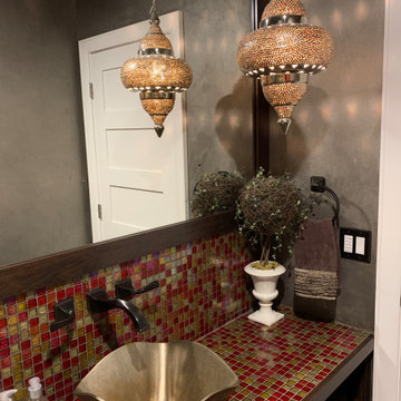 Powder Bath with bronze vessel sink and wall mounted faucet