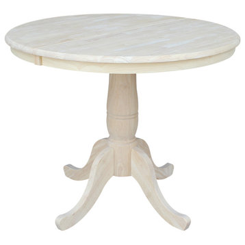 36" Round Top Pedestal Table With 12" Leaf, Unfinished, 28.9 Inch High
