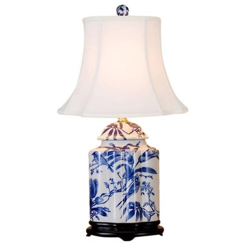 Chinese Blue and White Porcelain Tea Caddy Bird Motif Table Lamp 22"