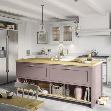 Slim-Frame, Shaker-Style Kitchen Painted Vintage Pink and Light Grey