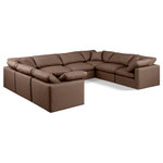 Meridian Furniture - Indulge Upholstered Modular U-Shaped Sectional, Brown, 8-Piece: 4 Armless Chair, 4 Corner Chair, Fiber Stuffed Vegan Leather - Experience ultimate comfort and style with our brown vegan leather Indulge Sectional. The luxurious vegan leather will elevate the aesthetic of any room. This sofa provides ample space for you to relax while its modular build offers the option of unlimited configurations. Whether you're looking to add a stylish element to your living room or a comfortable seating option to your bedroom, this sofa is the perfect choice.
