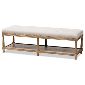 French Country Storage Bench, Carved Frame & Beige Linen Seat With Nailhead Trim