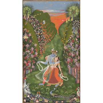 Radha And Krishna Walk In A Flowering Grove, Krishna Fluting