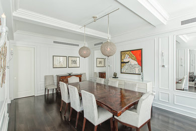 Mid-sized transitional dining room in New York with white walls and dark hardwood floors.