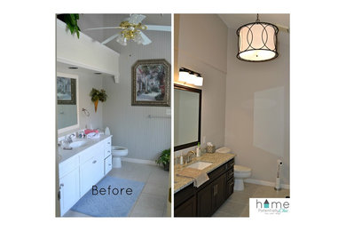 Transitional master beige tile and stone tile bathroom photo in Other with brown cabinets and granite countertops