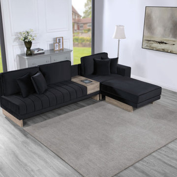 Memphis 122.5"W Black Velvet Reversible Sectional Sofa Ottoman with Storage Comp