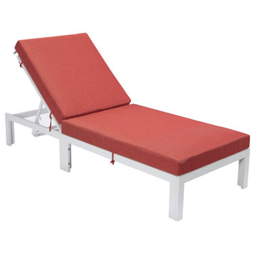 Leisuremod Chelsea Outdoor White Chaise Lounge Chair With Cushions, Red