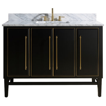 Avanity Mason 49 in. Vanity in Black with Gold Trim and Carrara White Marble Top