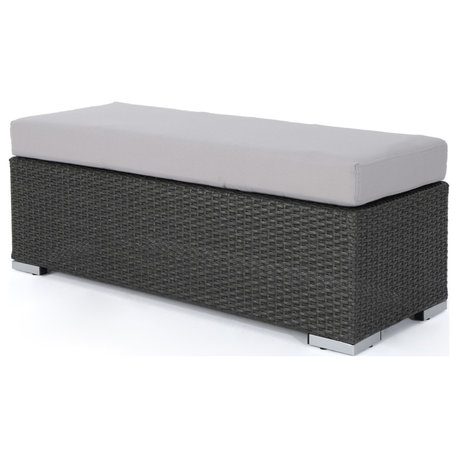 GDF Studio Santa Rosa Outdoor Wicker Bench With Water Resistant Cushion, Gray/Silver