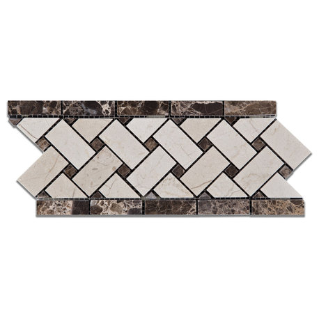 Crema Marfil Marble Polished Basketweave Border Listello w/ Emperador Dark Dots