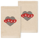 Linum Home Textiles - Linum Home Textiles Love Hearts Turkish Cotton Hand Towels, Set Of 2, Sand - Bring a sweet spirit to your decor with the "Love Hearts" embroidered hand towels. These towels feature the word "Love" embroidered on dancing red hearts across a larger gingham check heart. This special & luxurious terry hand towel is manufactured with the finest Turkish cotton fiber for maximum softness and absorbency.
