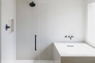 Large minimalist master terra-cotta tile bathroom photo in Austin with white walls and a hinged shower door