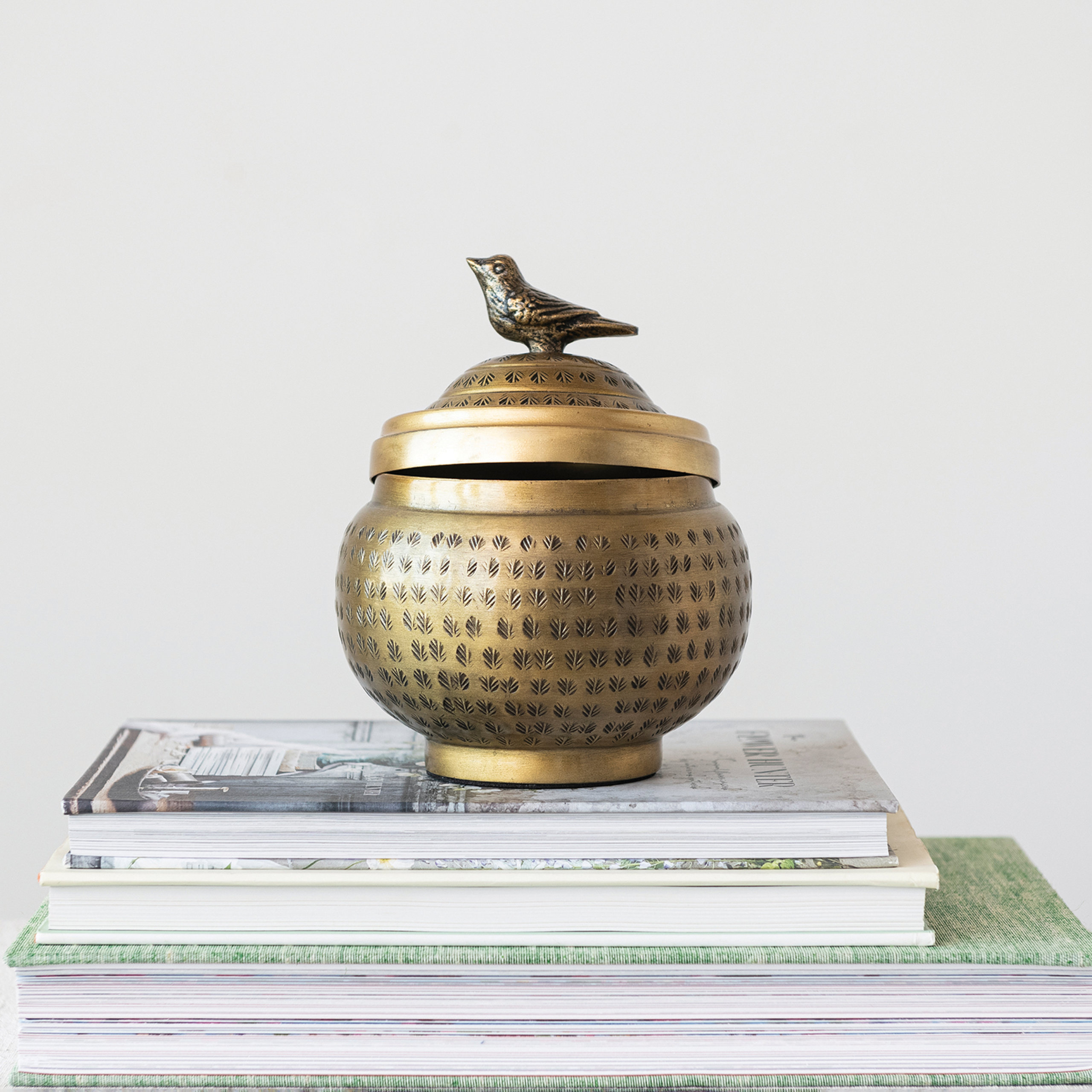 Sphere Shape Container Hammered Aluminum Sphere Container with Lid and Bird, Antique Brass ...