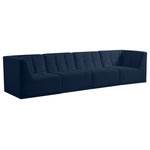 Meridian Furniture - Relax Velvet Upholstered 4-Piece Modular Sofa, Navy - Bolster a contemporary vibe in your living room with this Relax navy modular sofa. Soft navy velvet upholstery offers delicate comfort, making this sofa cozy for anyone who sits in it. Biscuit tufting gives this sofa texture and a modern style, adding extra comfort and elegance to your living space. It's modular design allows you to create infinite configurations, making it a versatile piece to add to your home. A latch underneath the sofa makes it easy to attach to other pieces.