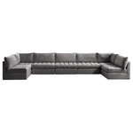 Meridian Furniture - Jacob Velvet Upholstered 7-Piece U-Shaped Modular Sectional, Grey - Create the ideal seating arrangement for your space when you pick and choose the elements you like mostincluding this Jacob velvet modular sectional. Mix and match items in the Jacob collection to bring your living space or family room together with a personalized slant. Soft grey velvet upholstery is soft and welcoming to the touch, adding a luxurious feel to everyday seating. Deep channel tufting adds to the piece's durability, and latches underneath the unit make it easy to attach to other pieces in the collection.