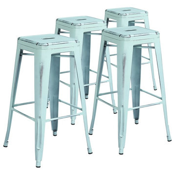 30" High Backless Distressed Dream Blue Metal Indoor Barstools, Set of 4