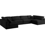 Meridian Furniture - Serene Linen Textured Fabric Deluxe Comfort 6-Piece U-Shaped Sectional, Black - There's lots to love about the Serene linen textured deluxe cloud-like comfort modular collection, and this piece is not an exception. The soft black linen textured fabric is cozy and sleek to the touch while the overstuffed down/feather cushions provide gentle support so you can relax and unwind like a VIP. Customize your seating with this modular set by adding the pieces you like most. Latches under each piece make it easy to snap them into position for a look that's modern yet welcoming.