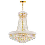 CWI Lighting - Empire 18 Light Down Chandelier With Gold Finish - Highlight a space architectural features with the Empire 18 Light Pendant. This 33 inch tall chandelier has a two Tiered style with the widest tier at the bottom measuring 28 inches in diameter. Draped on the outside with clear crystal beads, this light source has a gold-finished frame with candelabra bulbs and an adjustable hanging chain. Consider this not just a light source but also as an ambiance-creating decor. Feel confident with your purchase and rest assured. This fixture comes with a one year warranty against manufacturers defects to give you peace of mind that your product will be in perfect condition.