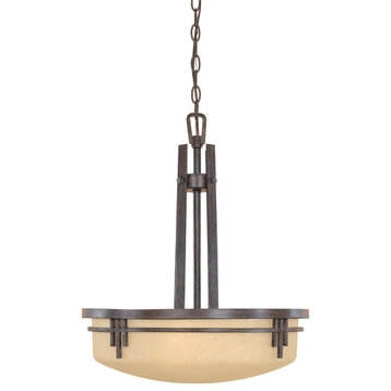 Transitional Pendant Lighting, Wooden Frame With Dust Glass Shade, 3 Lights