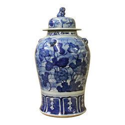 Chinese Blue & White Lotus Flower Porcelain Large Temple General Jar - Decorative Jars And Urns