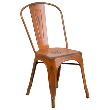 Flash Furniture Metal Curved Slat Back Dining Side Chair in Distressed Orange