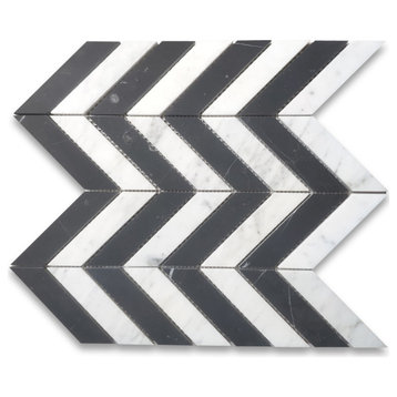 Carrara White Nero Marquina Black Marble 1x4 Chevron Mosaic Tile Honed, 1 sheet