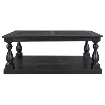 TATEUS Rustic Floor Shelf Coffee Table with Storage,Solid Pine Wood, Black