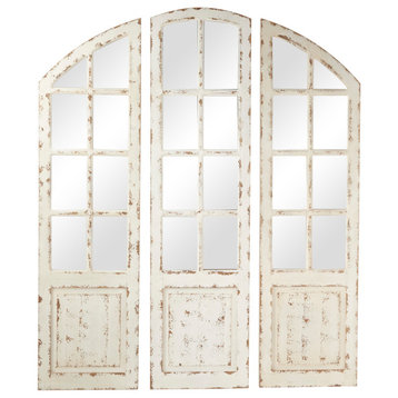 Distressed Wood 3-Panel Arched Wall Mirror w/ Window Frame, 48” x  60"