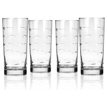 School of Fish Highball Drinking Glass 15 Ounce, Set of 4
