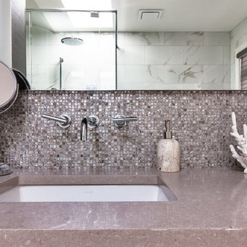 North Vancouver- Modern Bathrooms, Abalone Mosaic Tiles, Ceasarstone Countertops