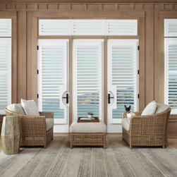Coastal White Living Room Patio Custom Window Shutters by Hunter Douglas - Interior Shutters