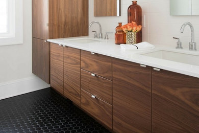 Inspiration for a mid-sized contemporary master bathroom in San Francisco with flat-panel cabinets, dark wood cabinets, white tile, ceramic tile, white walls, an undermount sink, quartzite benchtops and black floor.