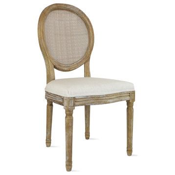 French Chic Vintage Style Dining Side Chair With Upholstered Linen Welted Fabric, Rattan Back