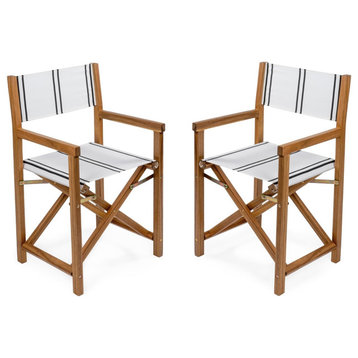 2 Pack Patio Folding Director Chair, Teak Oiled Acacia Frame, White/Black Stripe