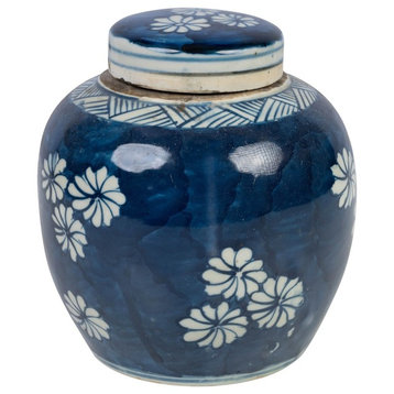 Beautiful Blue and White Floral Flower Porcelain Ginger Jar, 6"