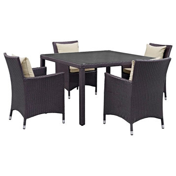 Modern Urban Outdoor Patio 5-Piece Dining Chairs and Table Set, Beige, Rattan