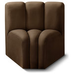 Meridian Furniture - Arc Upholstered Modular Component, Brown, 1-Piece: Curved Corner, Velvet - Give your living room or den the perfect blend of style and versatility with this Arc velvet fabric curved corner chair. Part of the Arc modular furniture collection, this chair comes upholstered in rich brown velvet fabric and features deep channel tufting that adds a touch of luxury while enhancing comfort and support. A seamless combination of form and function, this chair can be used with other Arc pieces to create a myriad of configurations in your well-curated room.