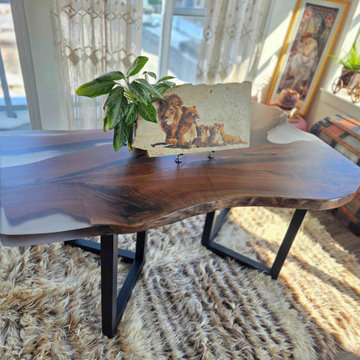 Rustic Black Walnut Dining Table with Creamy White Translucent Resin