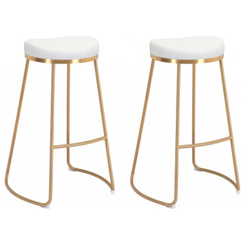 Set of Two White and Gold Modern Glam Geo Backless Barstools