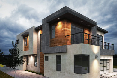 Large modern multicolored two-story wood exterior home idea in Los Angeles with a black roof