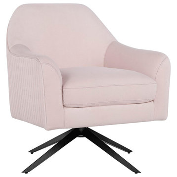 Modern Accent Chair, Black Swivel Metal Base With Cushioned Velvet Seat, Pink