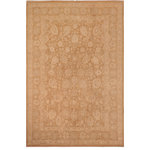 Bareens Designer Rugs - Boho Chic Ziegler Gayle Brown Beige Hand-Knotted Wool Rug - 10'1'' x 13'8'' - Enhance the ambiance of your home with this magnificent Persian-influenced Turkish hand-knotted rug made by skilled artisans capable of creating the most exceptional vegetable dyes and hand-spun wool. This exquisite handmade rug is a one-of-a-kind Peshawar Kafkaz, otherwise identified as Chobi, Chobi Peshawar, Oushak, or Ziegler rug. These handmade rugs are crafted in Pakistan utilizing superior-quality wool imported from Australia, New Zealand, and Korea in two types of weaves: the Persian weave and the Mori weave. This rug is meticulously crafted by hand using the finest natural vegetable dyes extracted from local plants. The artisans use a blend of hand-spun local and fine merino wool, resulting in a rug with a compelling texture, higher lanolin content, and longer staple. The artisans occasionally incorporate natural or artificial silk into the pile to enhance specific motifs. The finished product is an awe-inspiring execution of flawless design and an understated palette that exudes elegance.