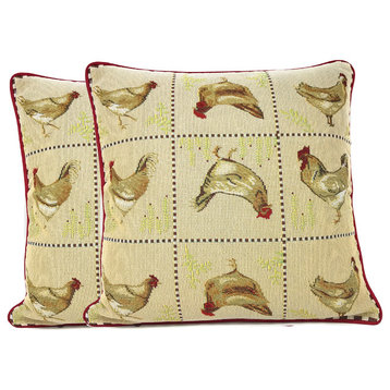 Farmhouse Rooster Hens Vintage Tapestry Cushion Throw Pillow Cover, 2-Piece