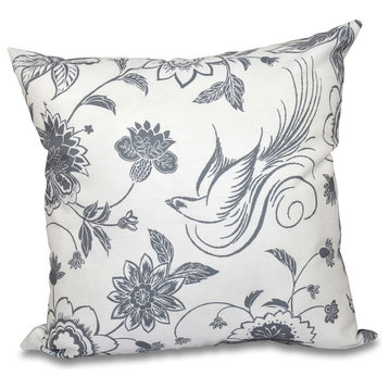 Traditional Bird Floral, Floral Print Pillow, Gray, 20"x20"
